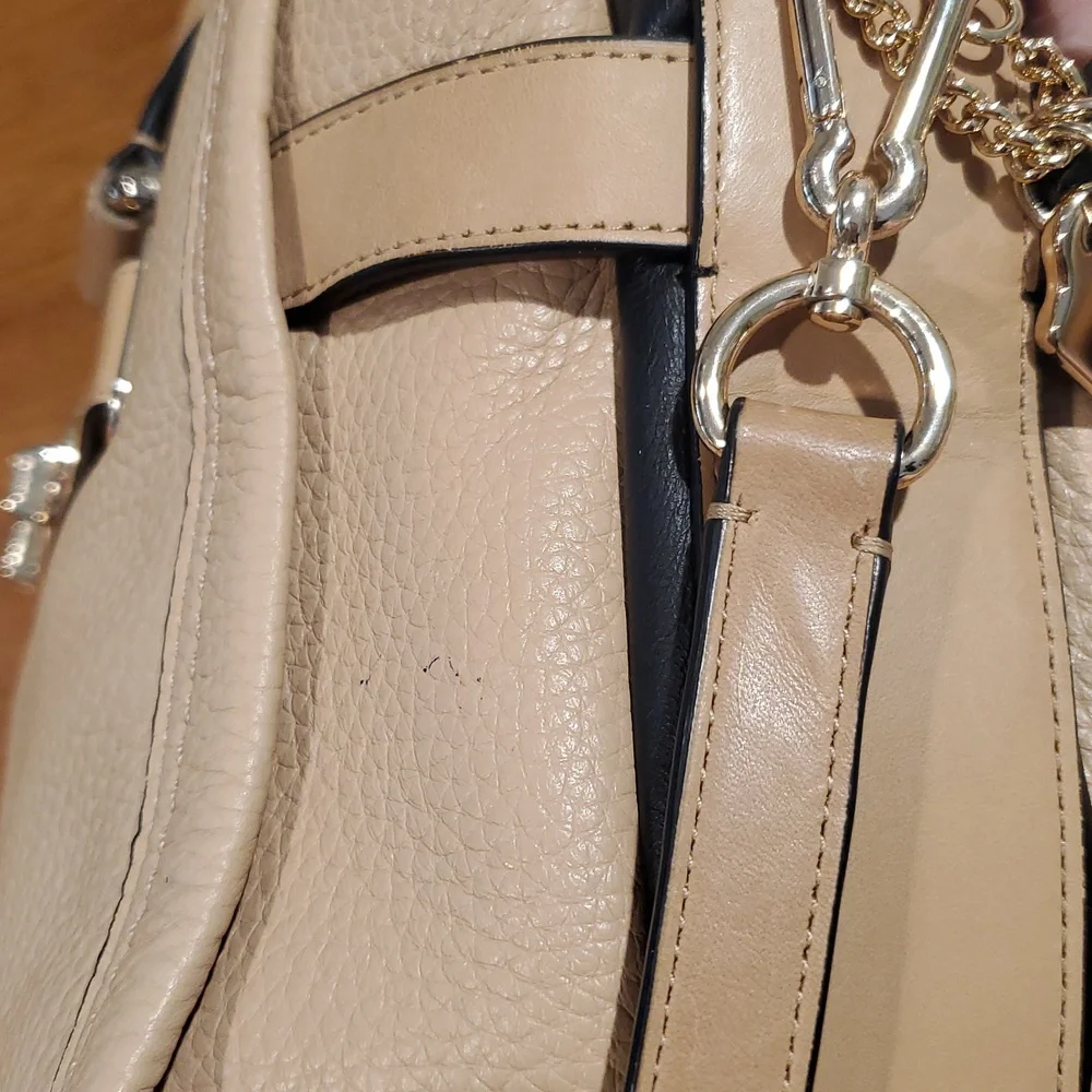 Neutral Beige Leather Satchel Handbag with Gold Hardware